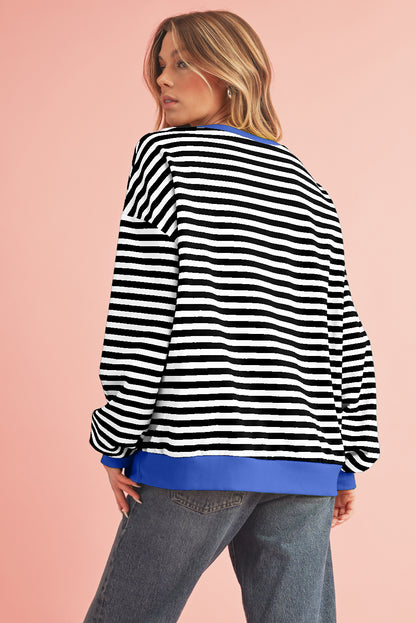 Blue Stripe Contrast Edge Cross Seam Oversized Pullover