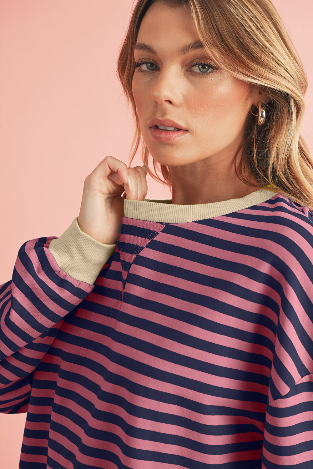 Blue Stripe Contrast Edge Cross Seam Oversized Pullover