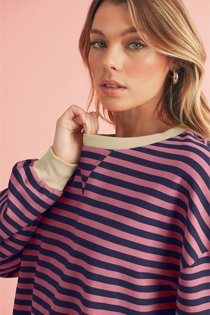 Blue Stripe Contrast Edge Cross Seam Oversized Pullover