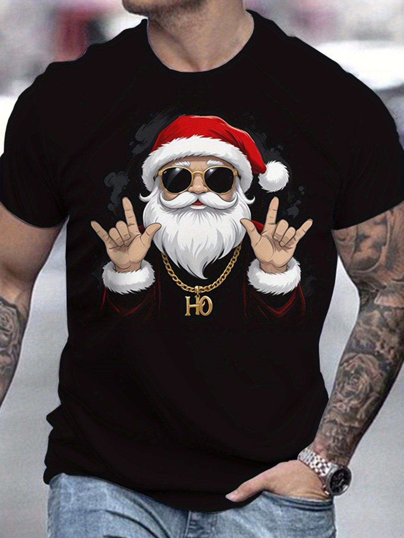 Cool Santa Claus Print T-shirt, Men's Comfortable Short Sleeved Round Neck T-shirt, Men's Clothing For Summer Outdoor Activities