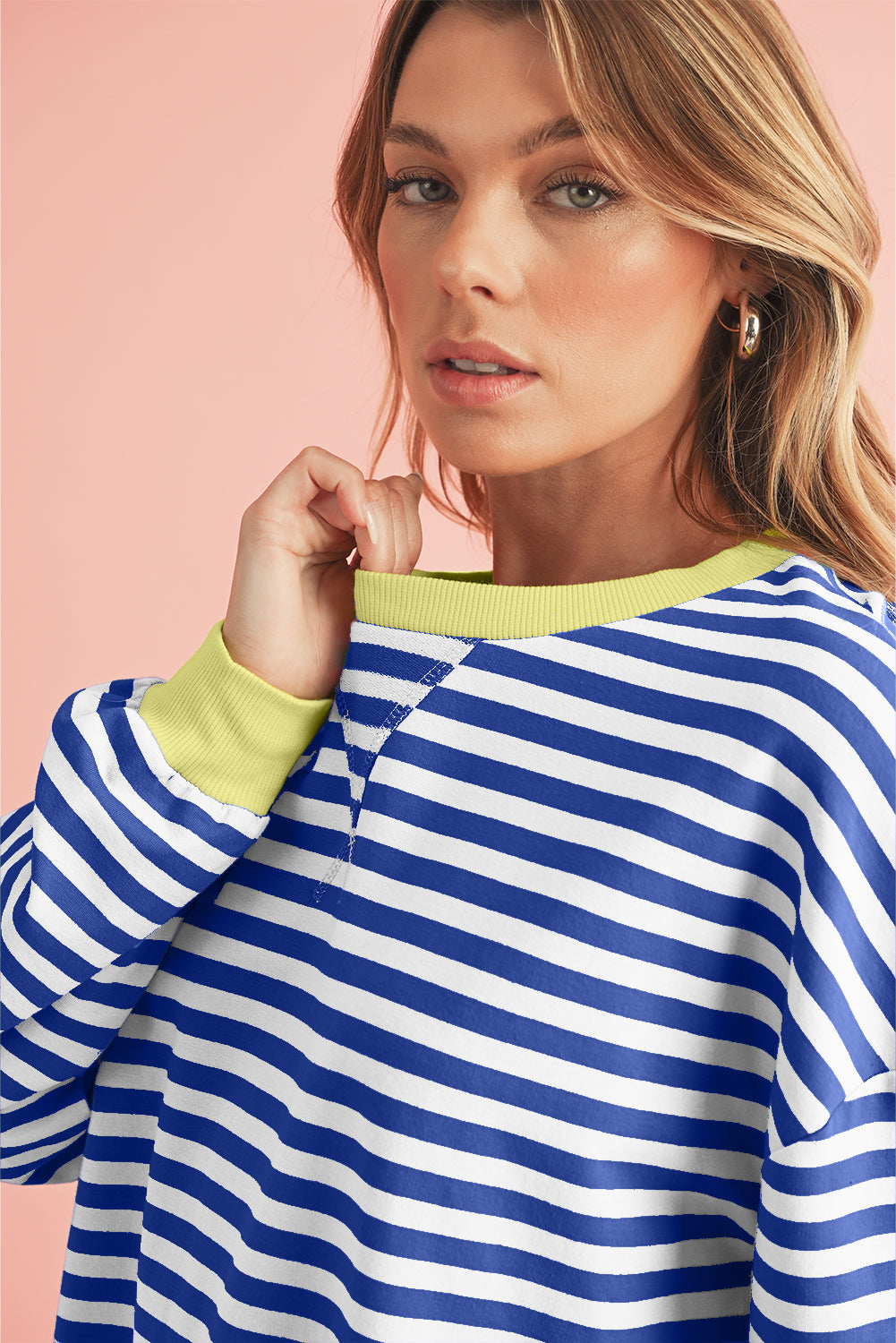 Blue Stripe Contrast Edge Cross Seam Oversized Pullover