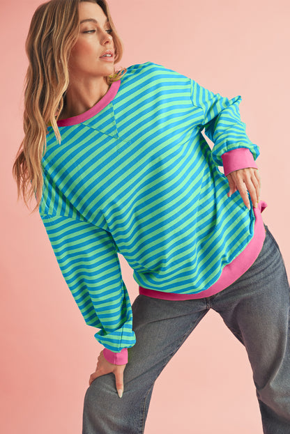 Blue Stripe Contrast Edge Cross Seam Oversized Pullover