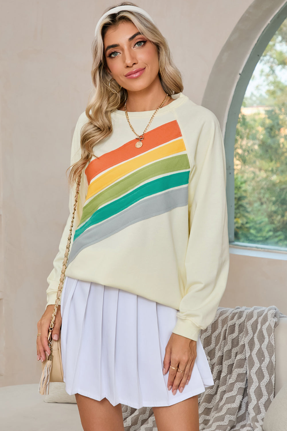 Apricot Rainbow Colorblock Pullover Sweatshirt