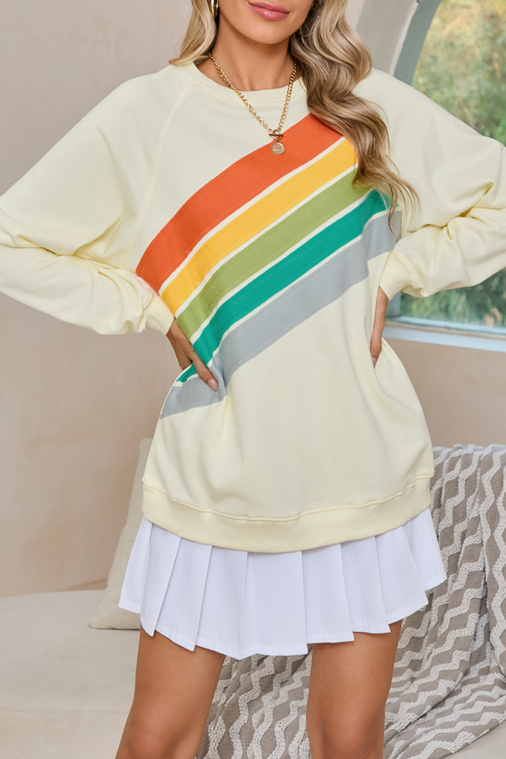 Apricot Rainbow Colorblock Pullover Sweatshirt