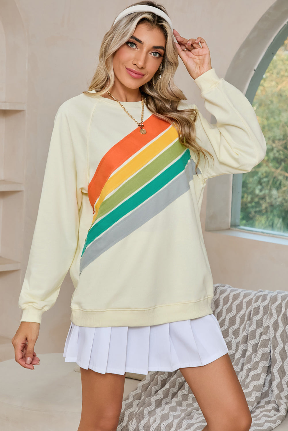 Apricot Rainbow Colorblock Pullover Sweatshirt