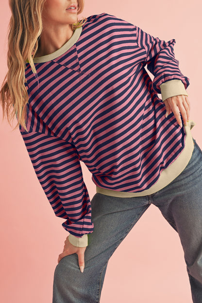 Blue Stripe Contrast Edge Cross Seam Oversized Pullover