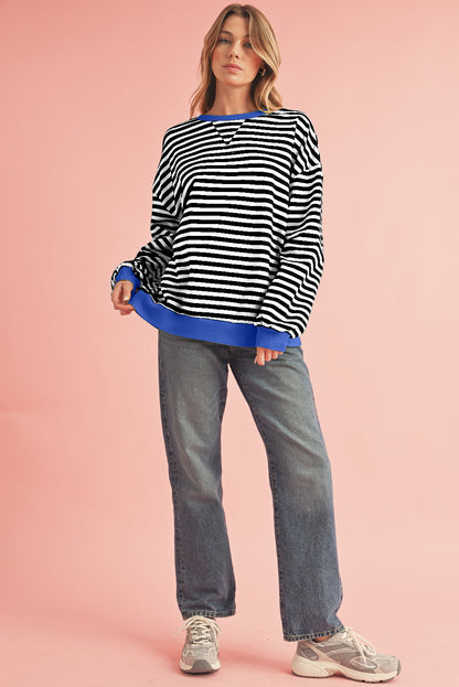 Blue Stripe Contrast Edge Cross Seam Oversized Pullover