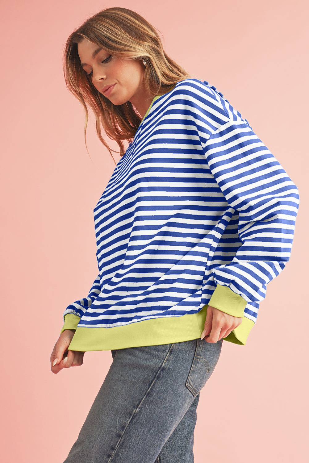 Blue Stripe Contrast Edge Cross Seam Oversized Pullover