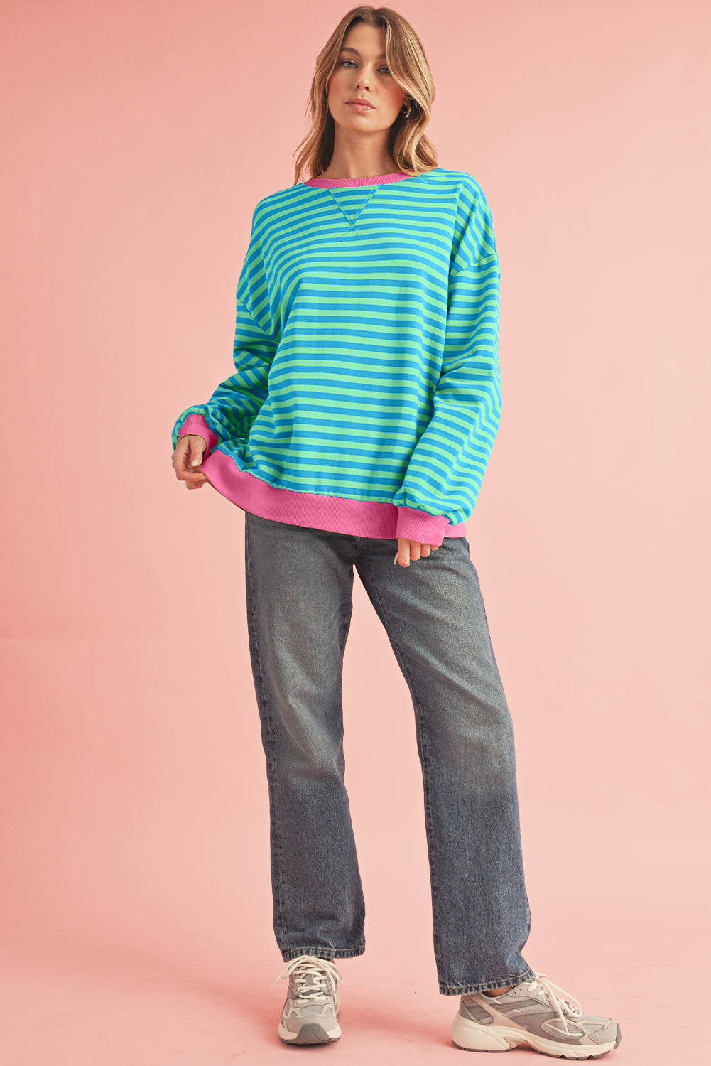 Blue Stripe Contrast Edge Cross Seam Oversized Pullover