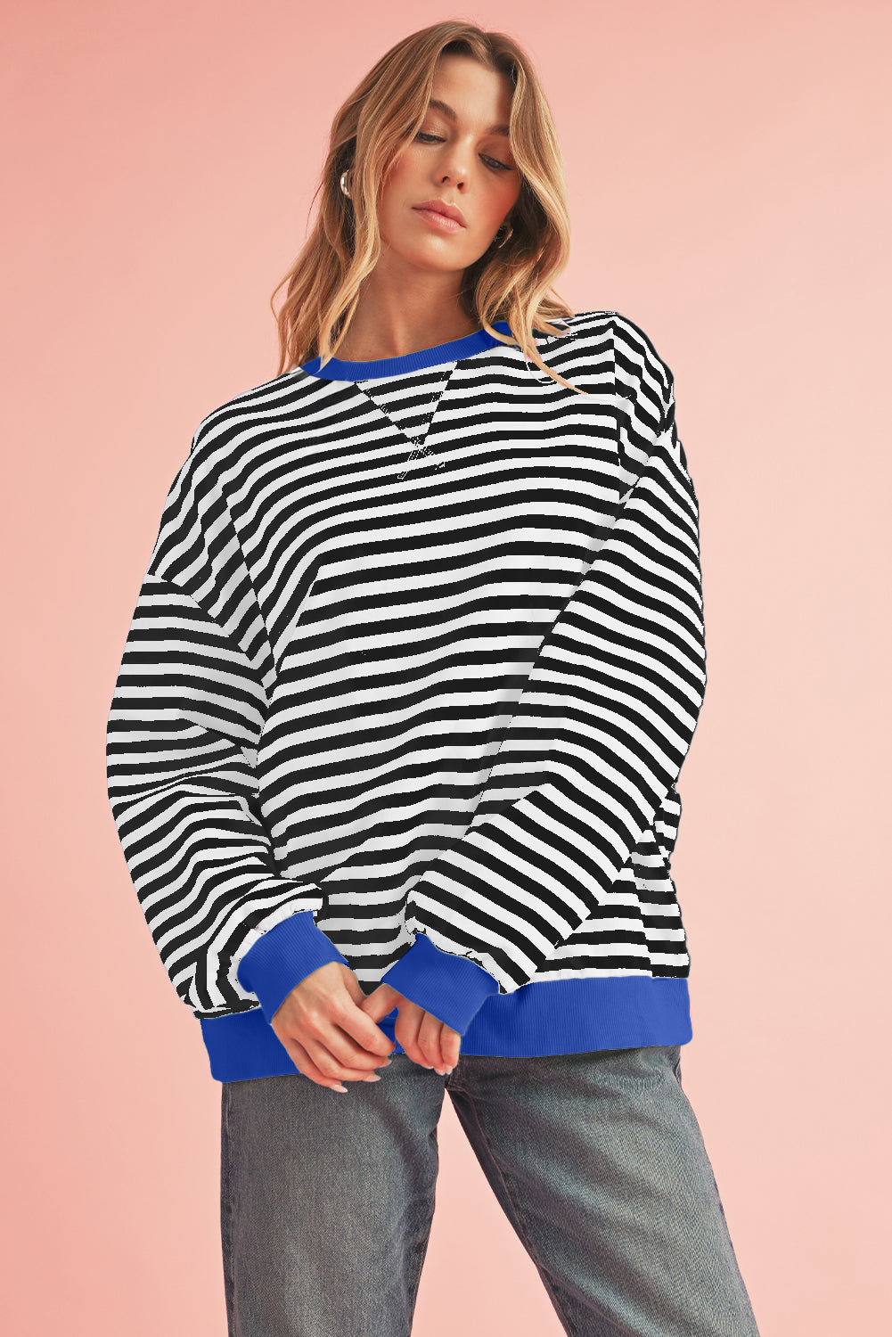 Blue Stripe Contrast Edge Cross Seam Oversized Pullover