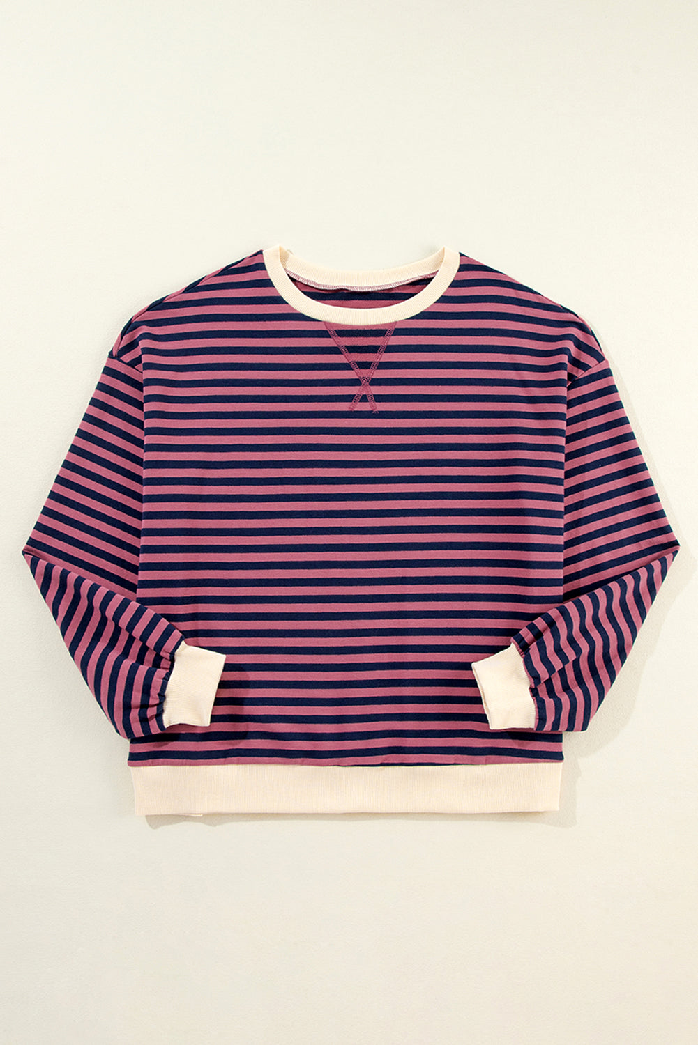 Blue Stripe Contrast Edge Cross Seam Oversized Pullover