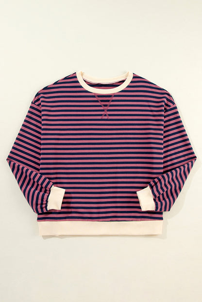 Blue Stripe Contrast Edge Cross Seam Oversized Pullover