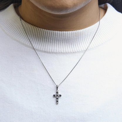 .925 Sterling Silver 1/4 Cttw Round Natural Treated Black and White Diamond Cross Pendant Necklace (Black and I-J Color, I3 Clarity)