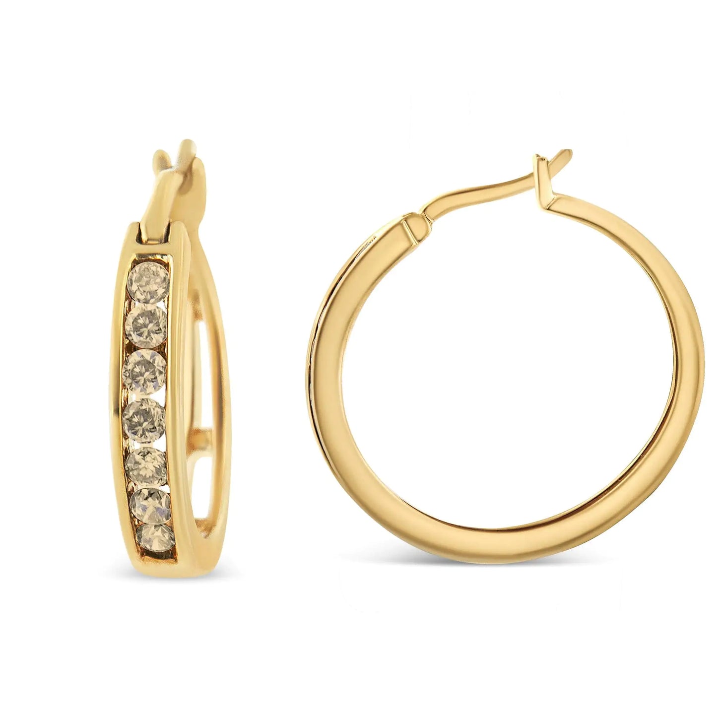 10K Yellow Gold Flashed .925 Sterling Silver 1/4 Cttw Channel Set Champagne Diamond Hoop Earring (K-L Color, I1-I2 Clarity)