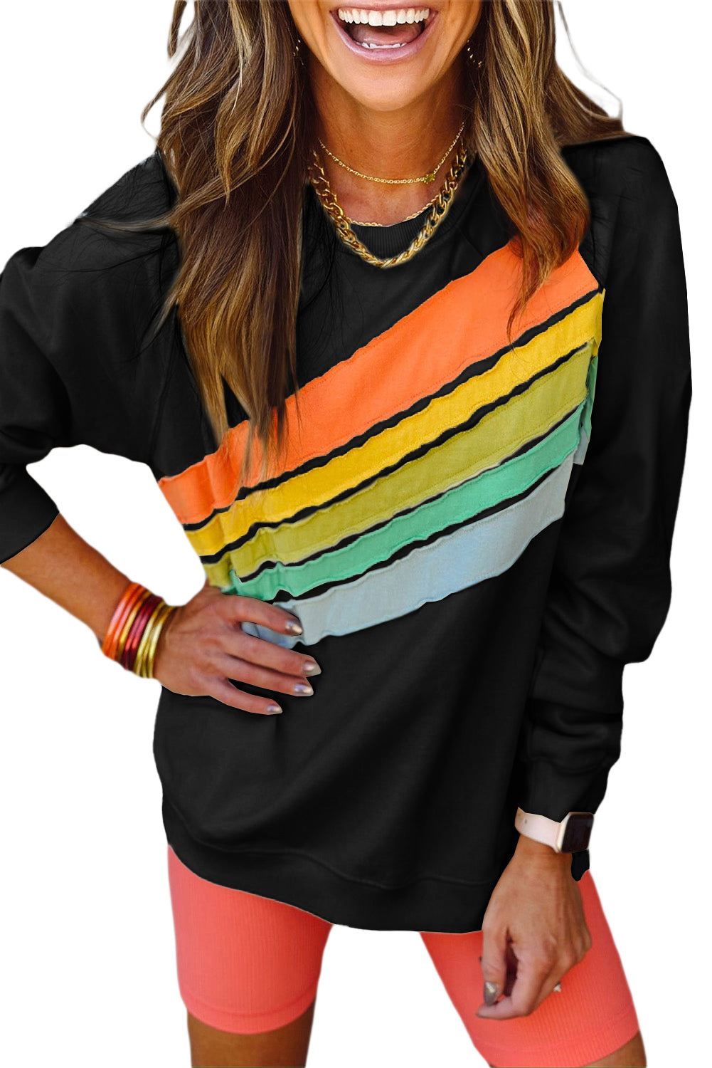 Apricot Rainbow Colorblock Pullover Sweatshirt