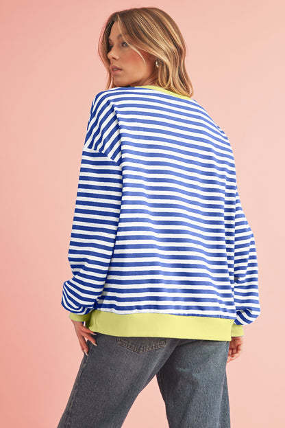 Blue Stripe Contrast Edge Cross Seam Oversized Pullover