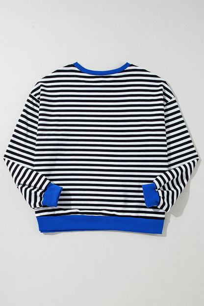 Blue Stripe Contrast Edge Cross Seam Oversized Pullover