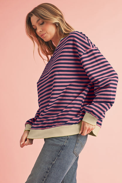 Blue Stripe Contrast Edge Cross Seam Oversized Pullover