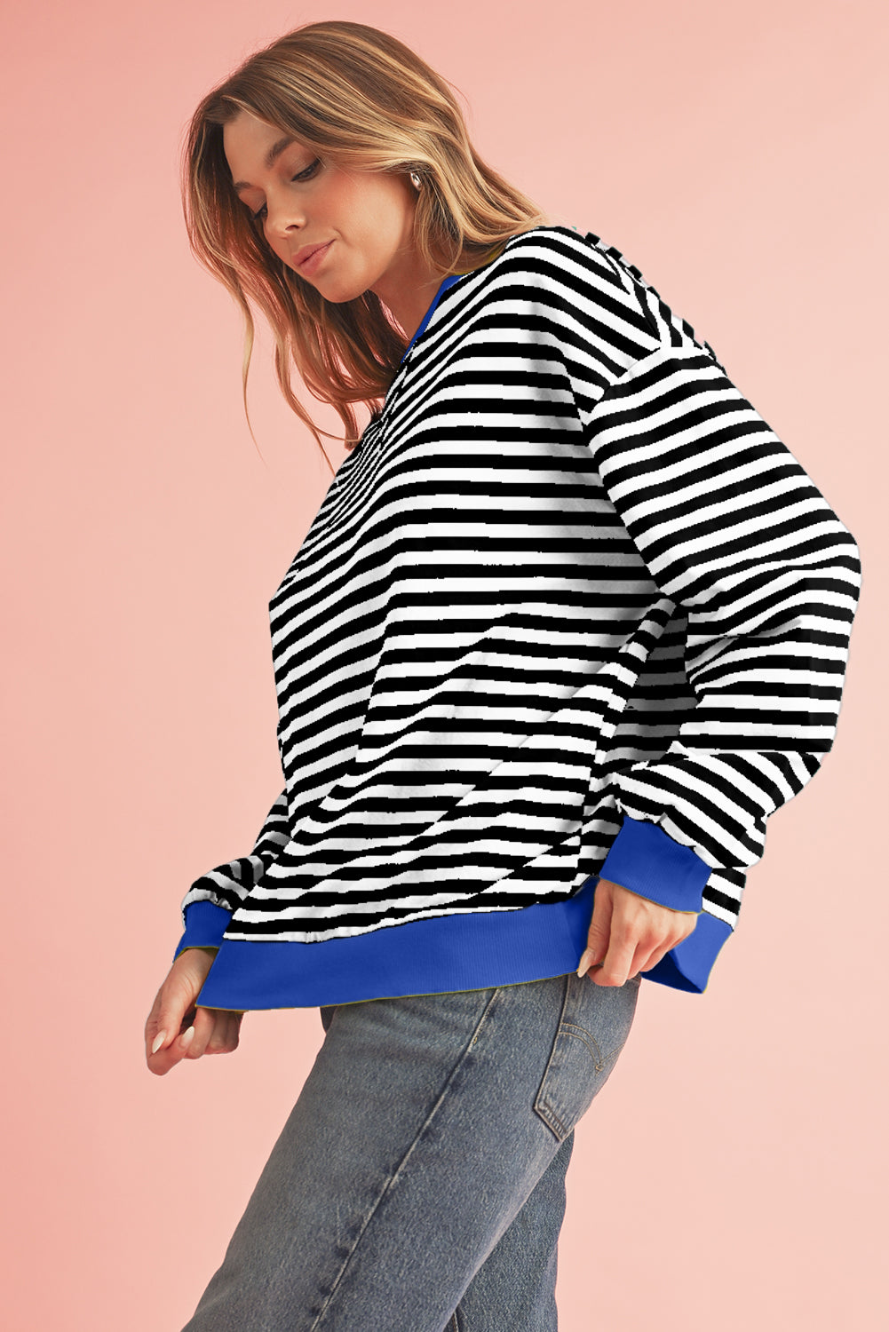 Blue Stripe Contrast Edge Cross Seam Oversized Pullover