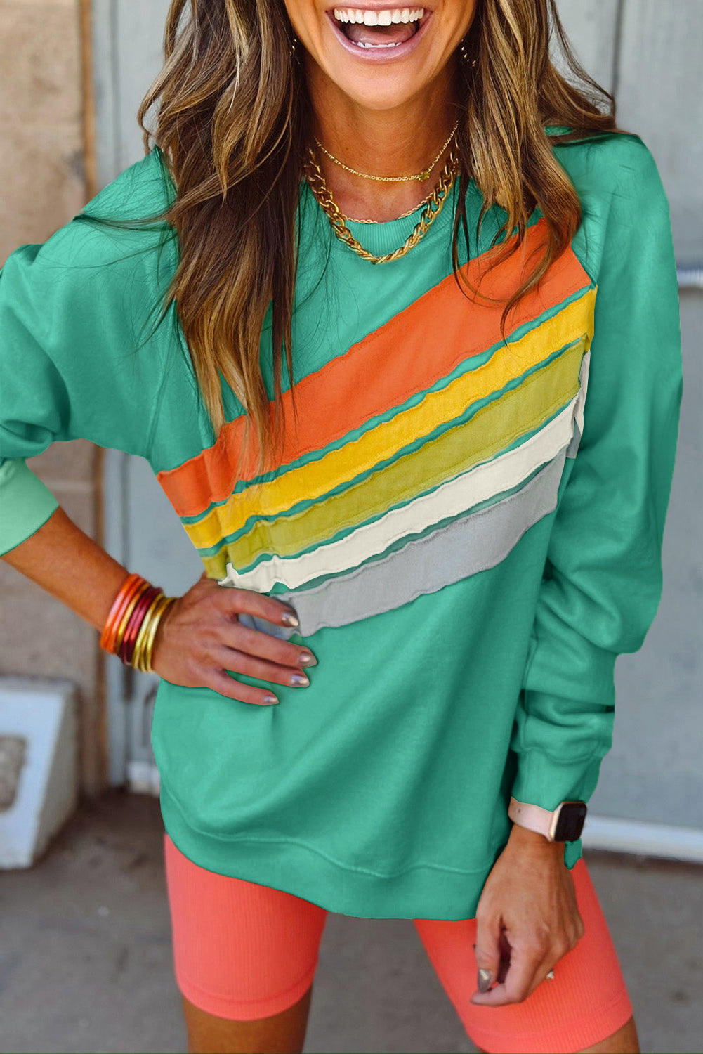 Apricot Rainbow Colorblock Pullover Sweatshirt