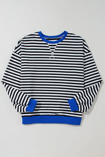 Blue Stripe Contrast Edge Cross Seam Oversized Pullover