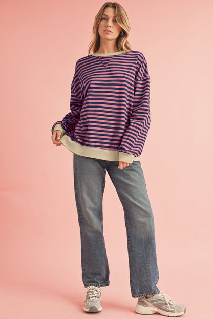 Blue Stripe Contrast Edge Cross Seam Oversized Pullover