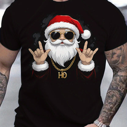 Cool Santa Claus Print T-shirt, Men's Comfortable Short Sleeved Round Neck T-shirt, Men's Clothing For Summer Outdoor Activities