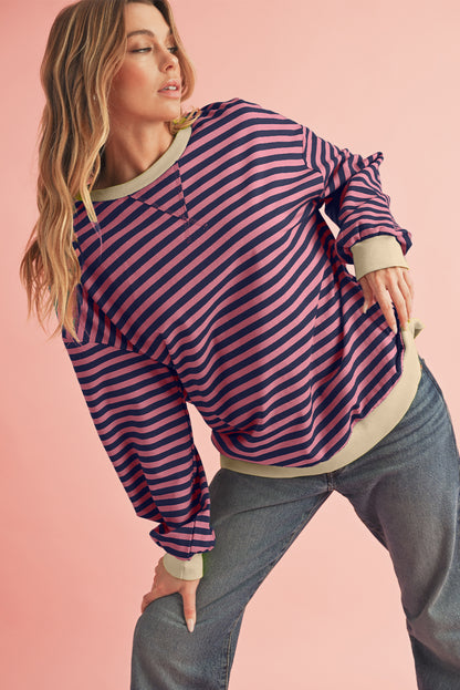 Blue Stripe Contrast Edge Cross Seam Oversized Pullover