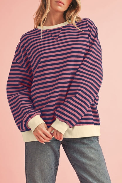 Blue Stripe Contrast Edge Cross Seam Oversized Pullover