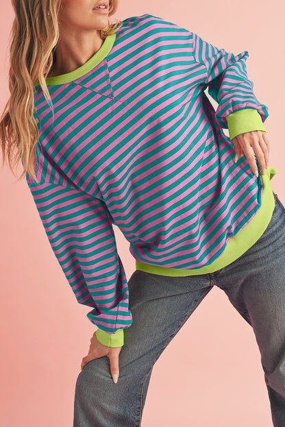 Blue Stripe Contrast Edge Cross Seam Oversized Pullover