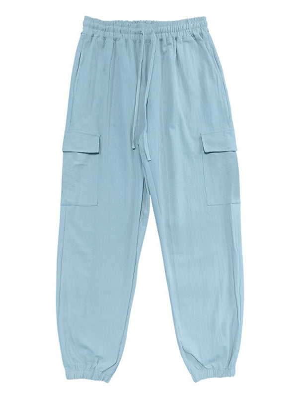 Casual cuffs, multi-pocket drawstrings, solid color, loose large size drawstring trousers