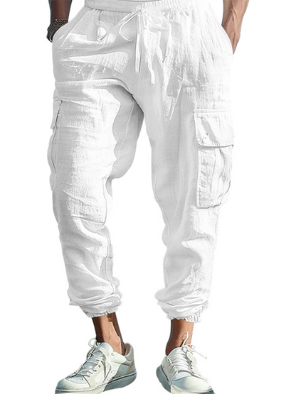 Casual cuffs, multi-pocket drawstrings, solid color, loose large size drawstring trousers