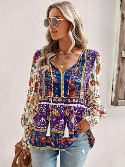 Bohemian casual style cotton printed long-sleeved shirt for women