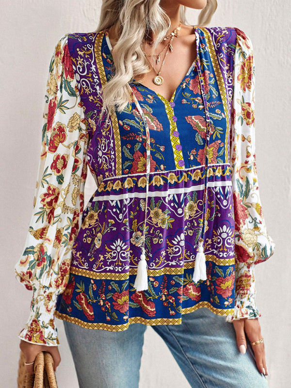 Bohemian casual style cotton printed long-sleeved shirt for women