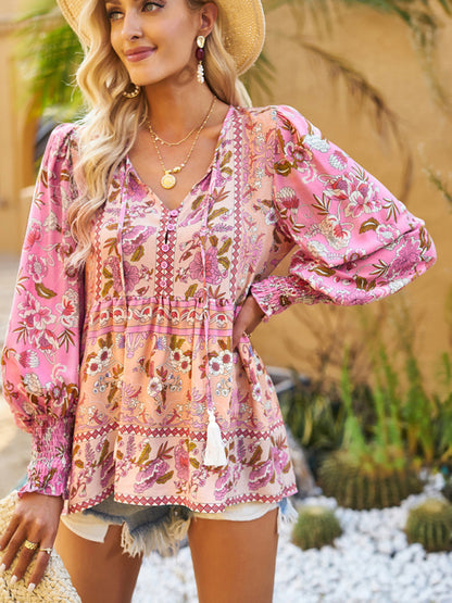 Bohemian casual style cotton printed long-sleeved shirt for women